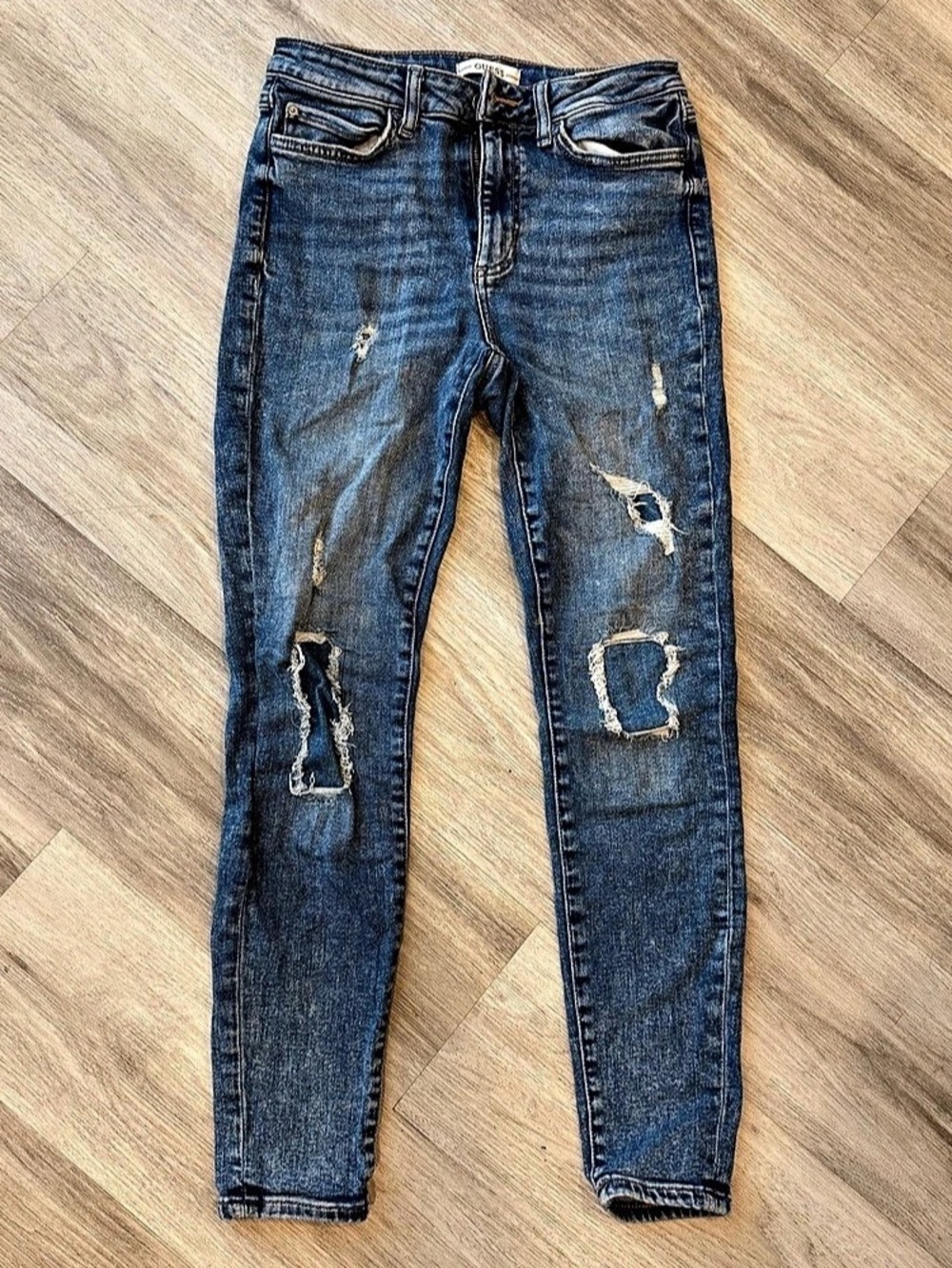 GUESS 1981 SKINNY Distressed Skinny Jeans Blue Waist 28
